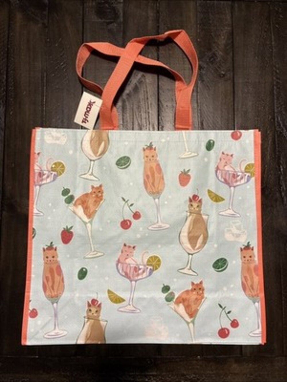 Reuseable Tote Shopping Bag Celebrate Cats Cocktails Spring Summer Blue TJ Maxx